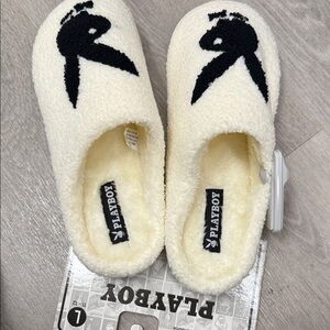 PLAYBOY Cream and Black Fleece Slippers